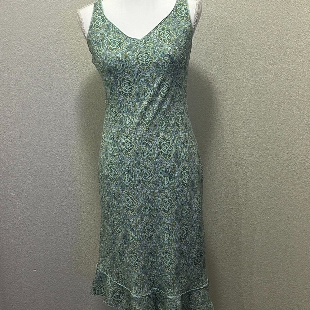 Loft mint green floral sleeveless midi dress, ruffled hem, size 6